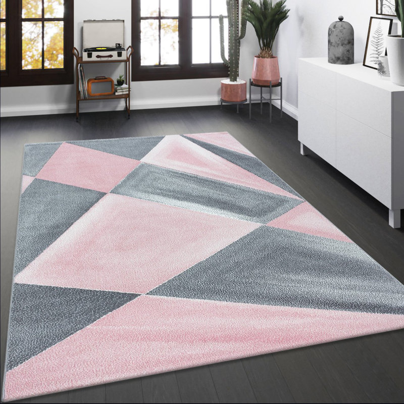 Ivy Bronx Blush Pink Grey Geometric Rug Modern Contemporary Carpet For